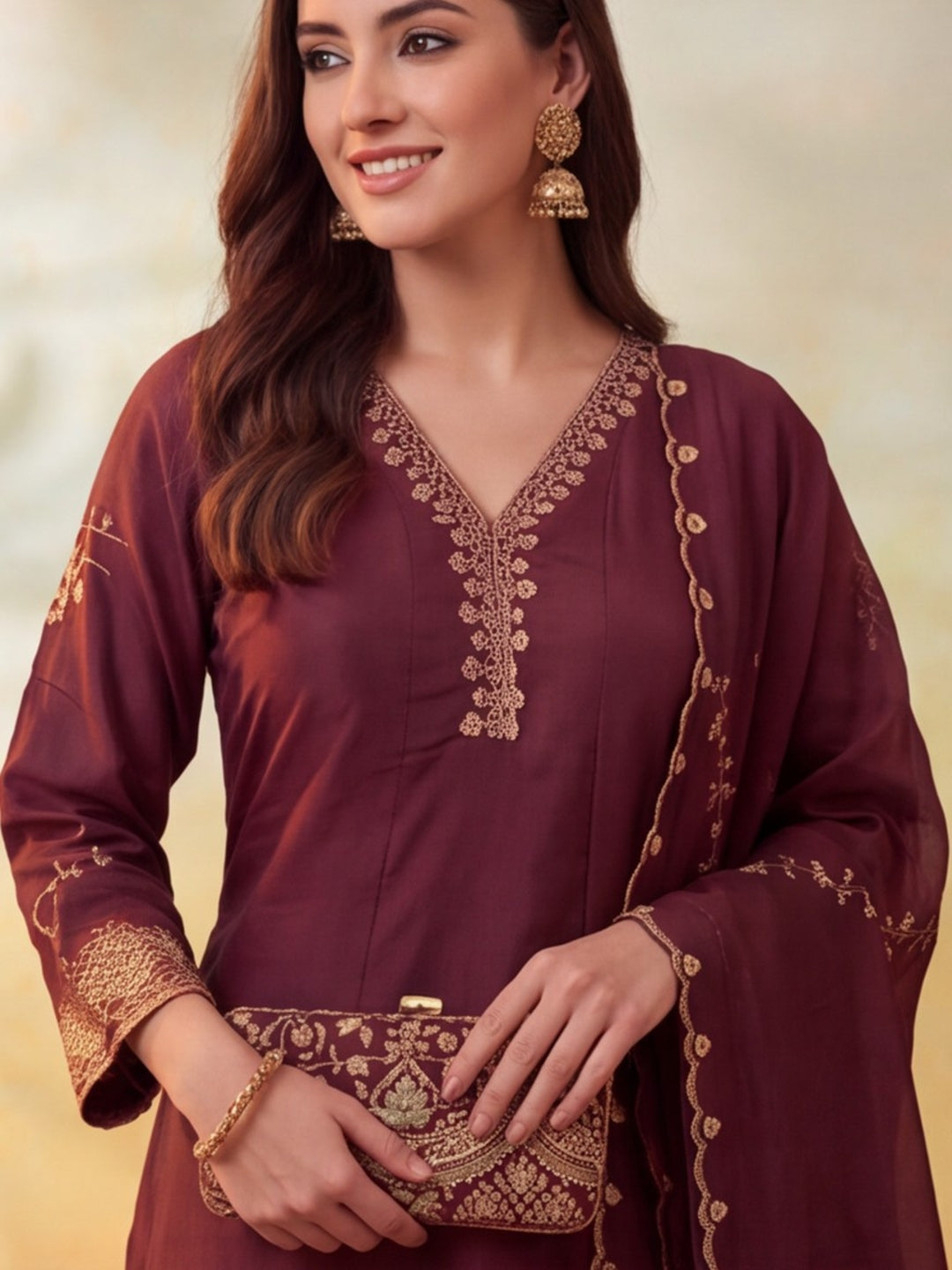 Women Embroidery Brown Shade Kurta Set with Dupatta