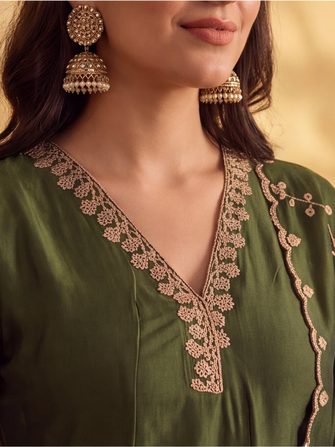 Women Embroidery Mehndi Green Kurta Set with Dupatta