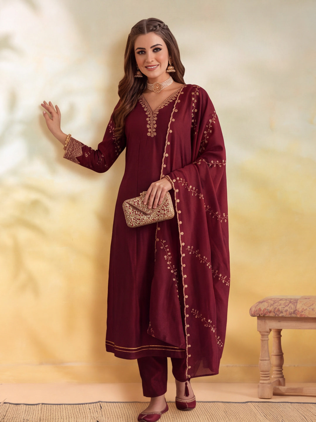 Women Embroidery Maroon Kurta Set with Dupatta