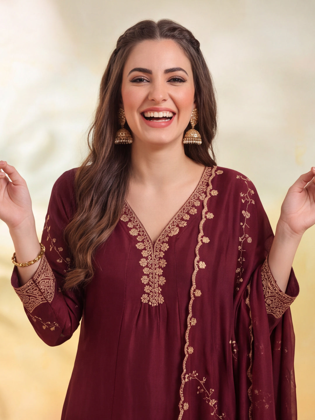 Women Embroidery Maroon Kurta Set with Dupatta