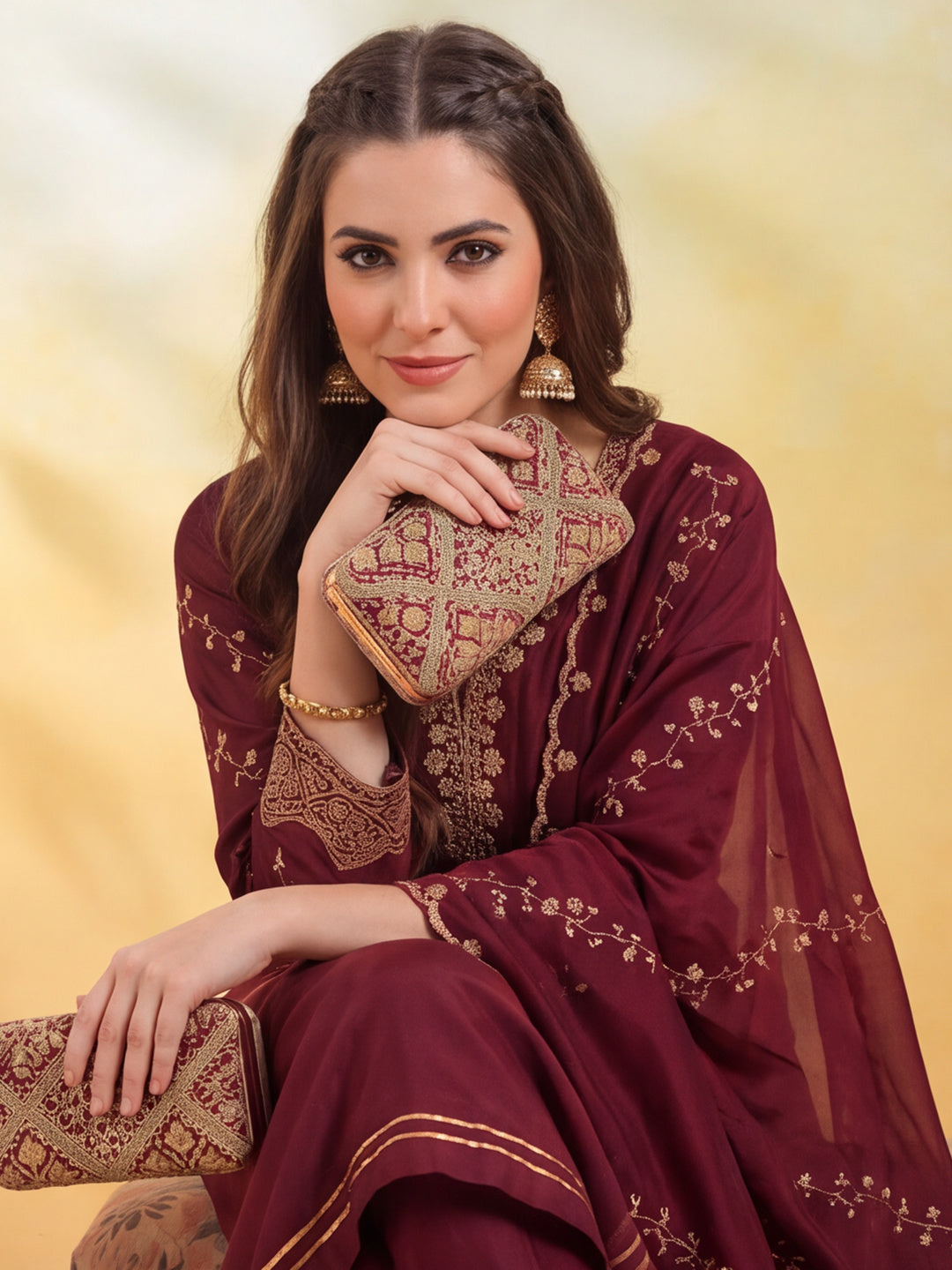 Women Embroidery Maroon Kurta Set with Dupatta