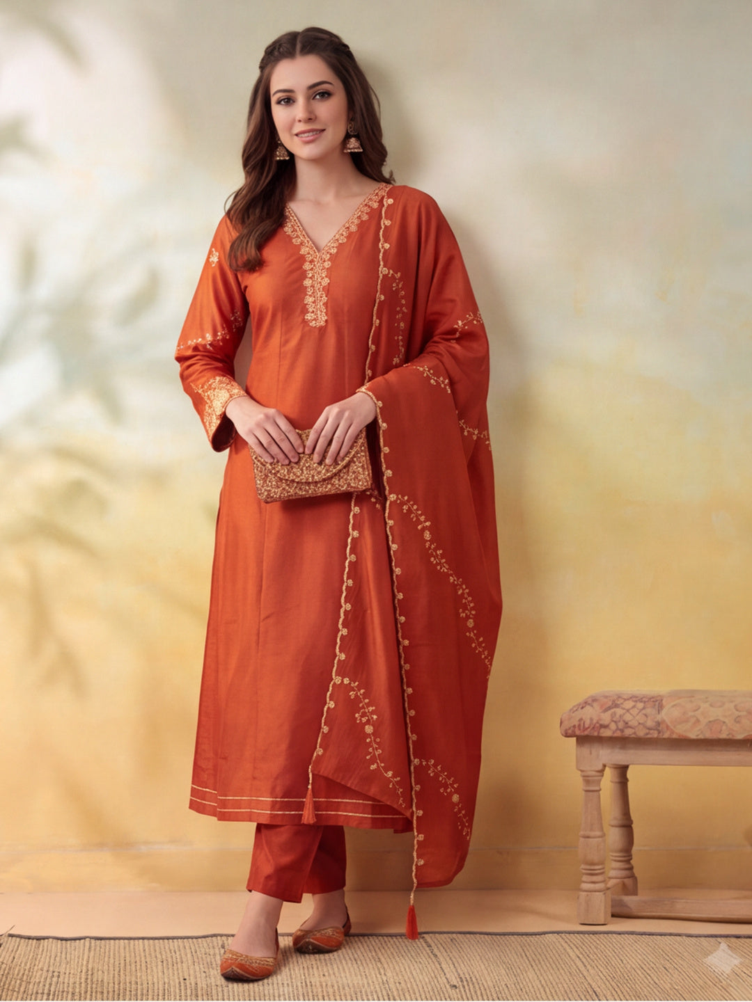 Women Embroidery Rust Kurta Set with Dupatta