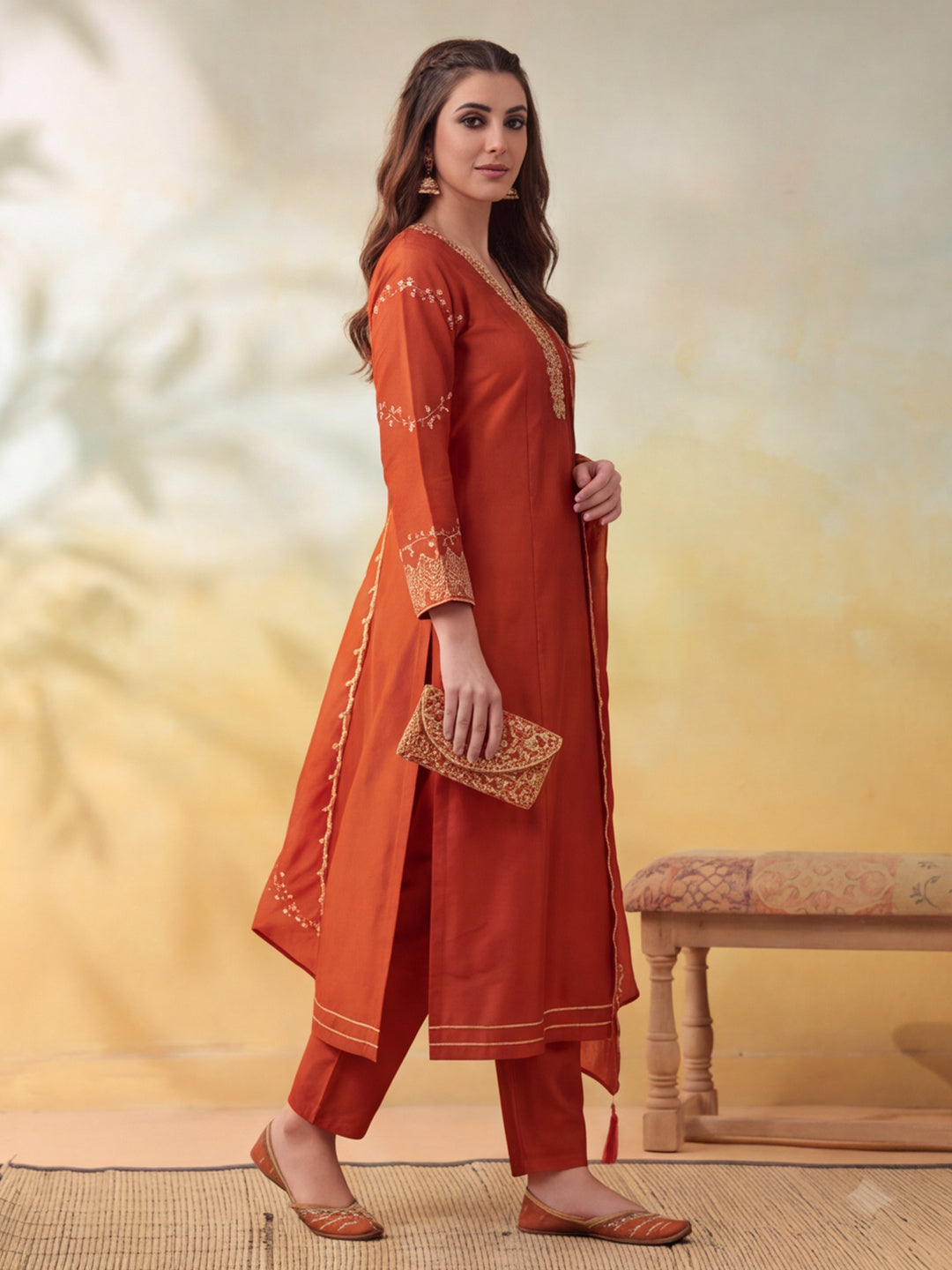 Women Embroidery Rust Kurta Set with Dupatta