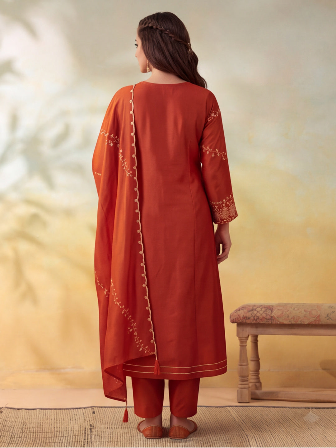 Women Embroidery Rust Kurta Set with Dupatta