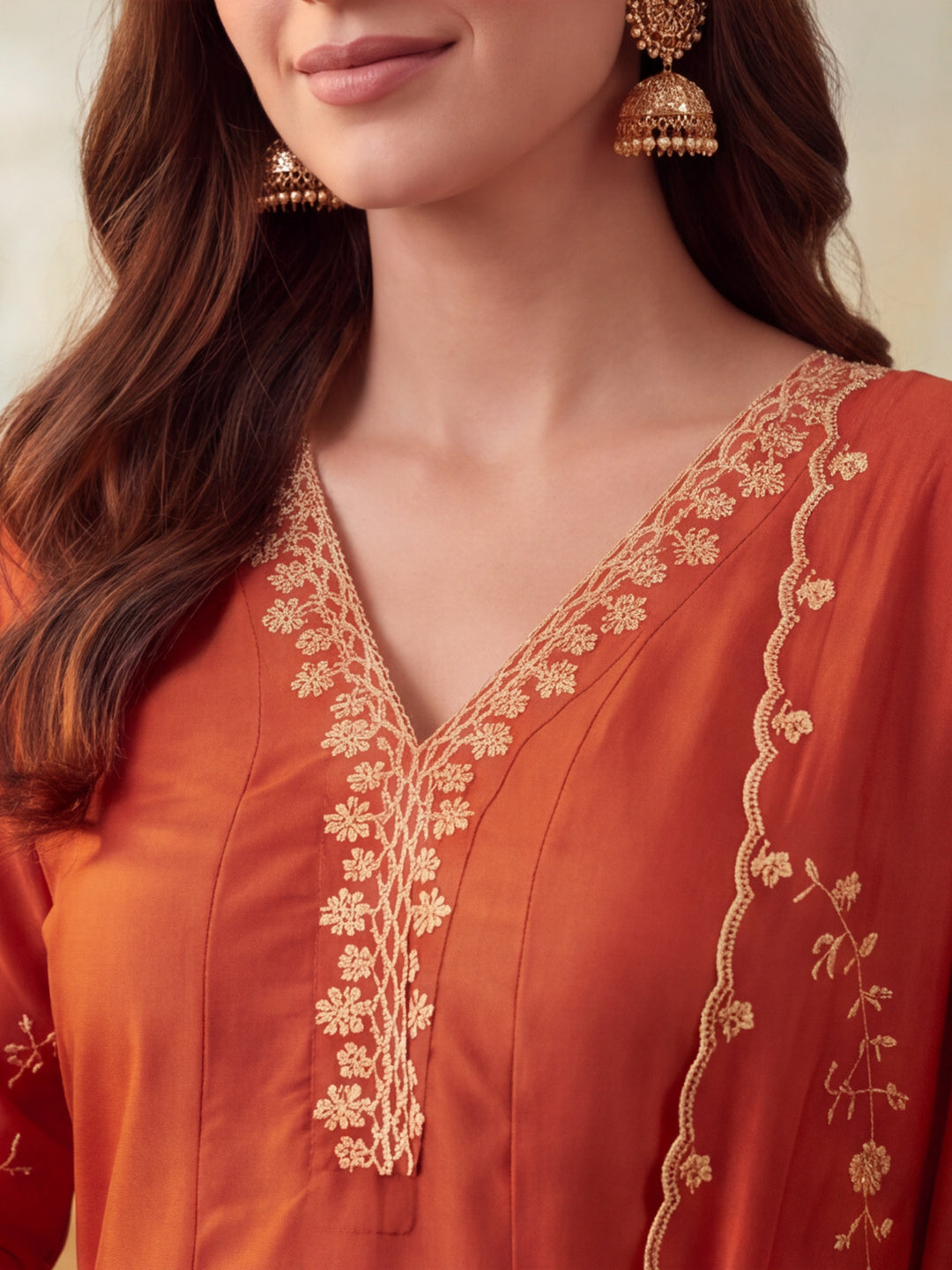Women Embroidery Rust Kurta Set with Dupatta