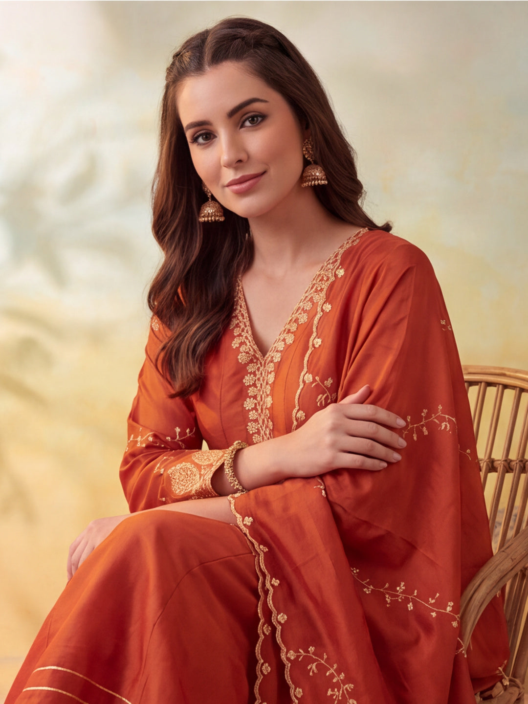 Women Embroidery Rust Kurta Set with Dupatta