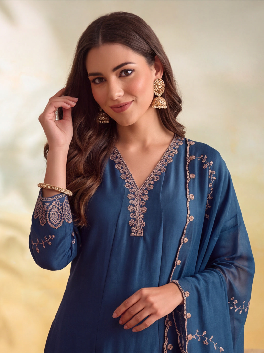 Women Embroidery Teal Kurta Set with Dupatta