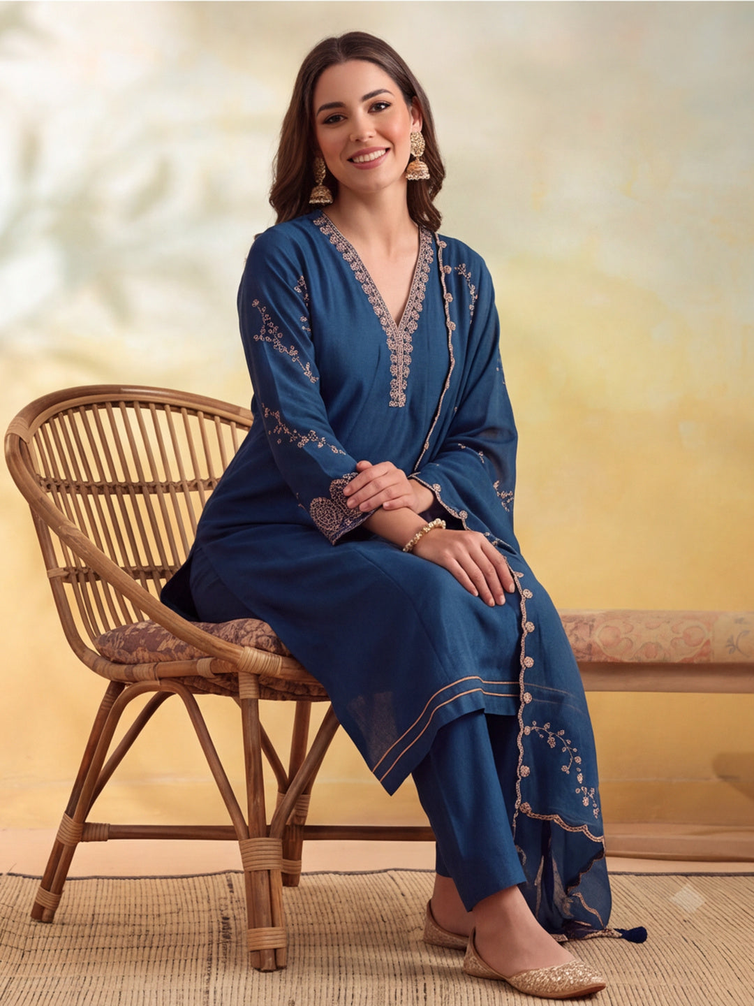 Women Embroidery Teal Kurta Set with Dupatta