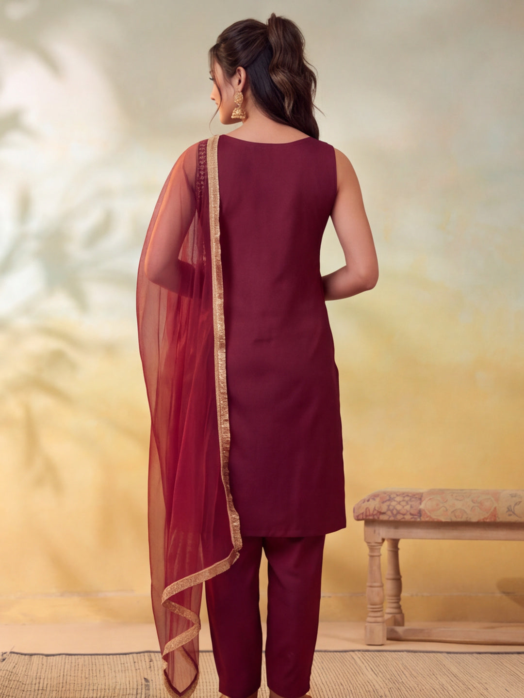 Women Embroidery Wine Kurta Set with Dupatta