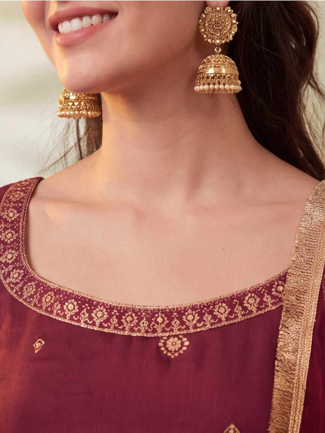 Women Embroidery Wine Kurta Set with Dupatta