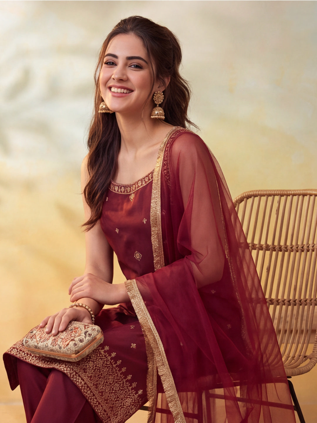 Women Embroidery Wine Kurta Set with Dupatta