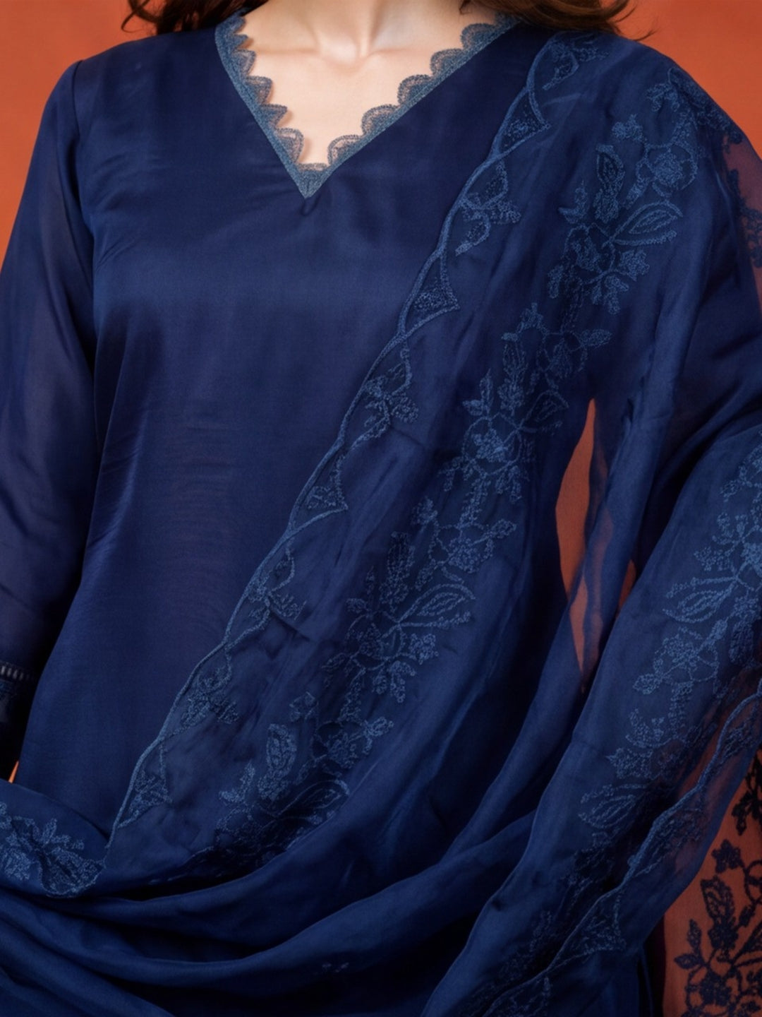 Women's Navy Blue Embroidered Kurta Set with Dupatta | Elegant Straight Ethnic Suit