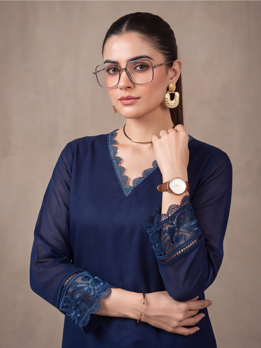 Women's Navy Blue Embroidered Kurta Set with Dupatta | Elegant Straight Ethnic Suit