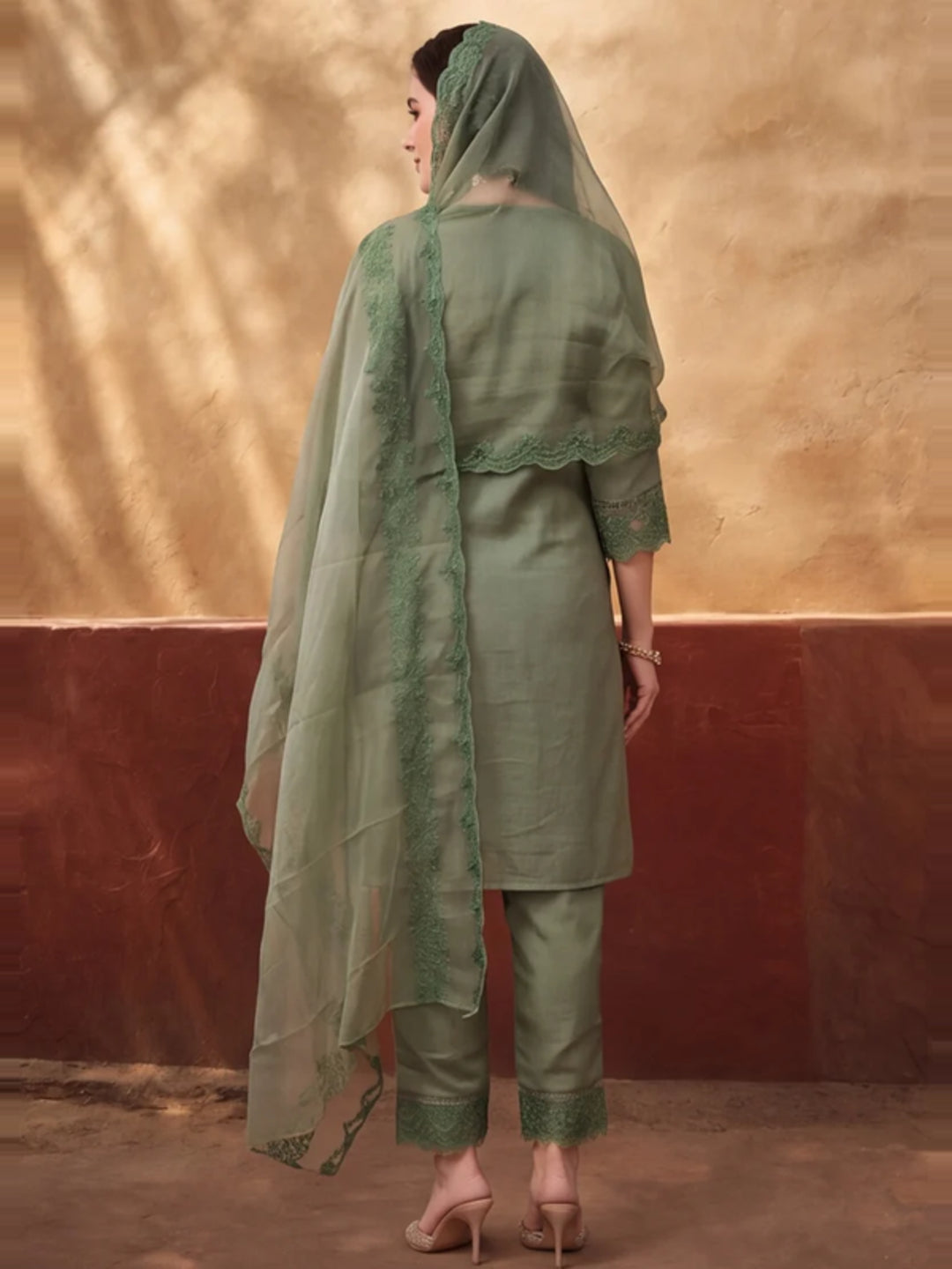 Women's Mehandi Embroidered Kurta Set with Dupatta | Elegant Straight Ethnic Suit