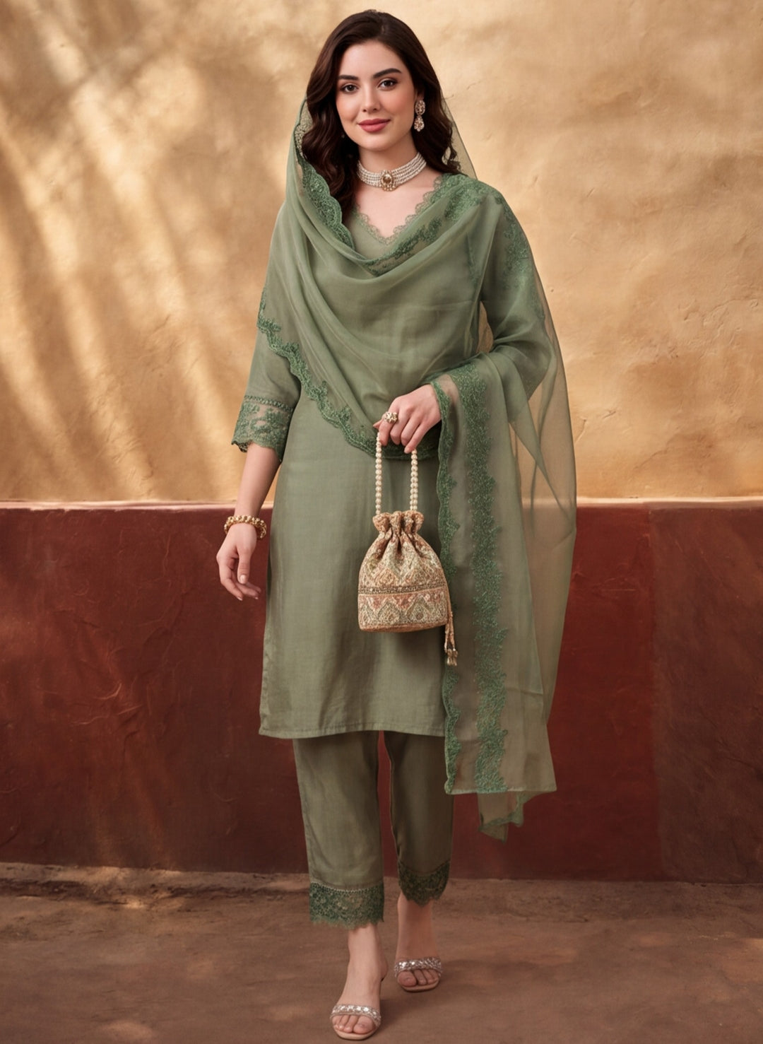 Women's Mehandi Embroidered Kurta Set with Dupatta | Elegant Straight Ethnic Suit