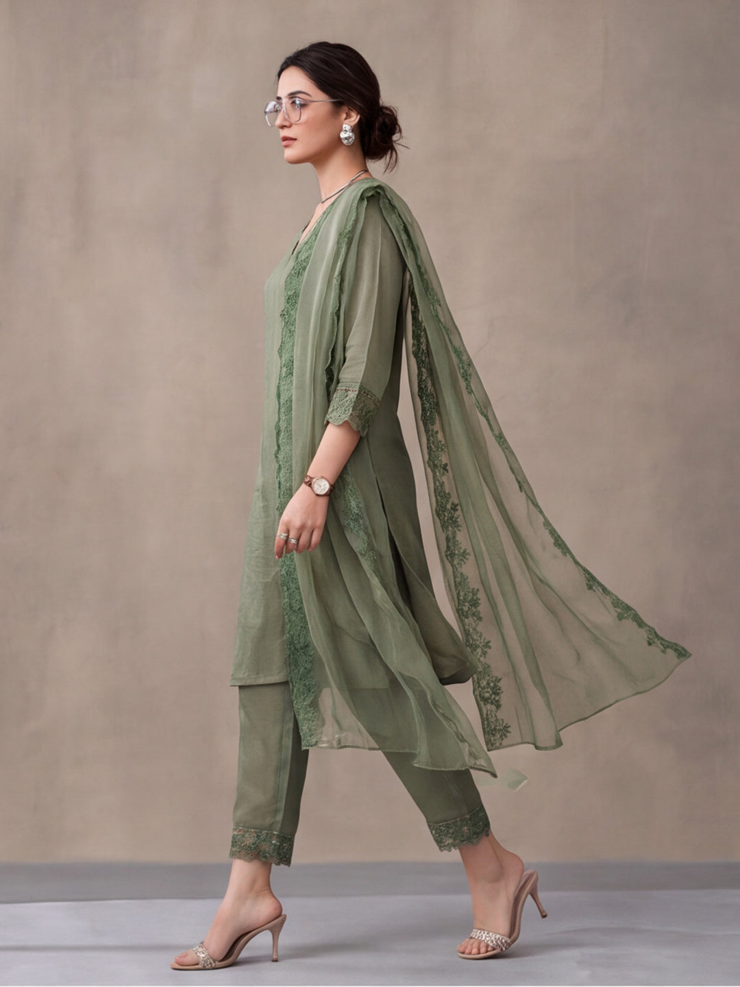 Women's Mehandi Embroidered Kurta Set with Dupatta | Elegant Straight Ethnic Suit