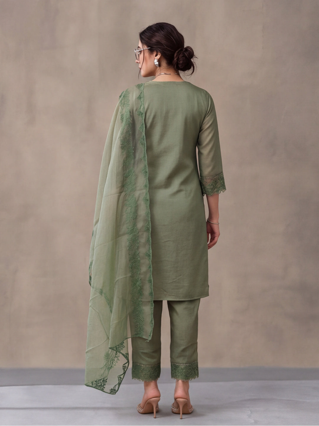 Women's Mehandi Embroidered Kurta Set with Dupatta | Elegant Straight Ethnic Suit