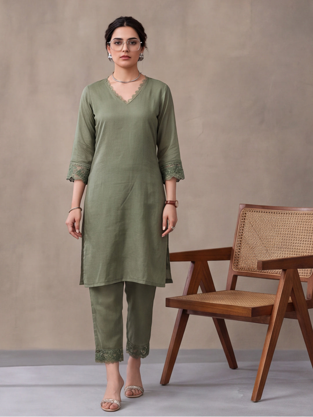 Women's Mehandi Embroidered Kurta Set with Dupatta | Elegant Straight Ethnic Suit