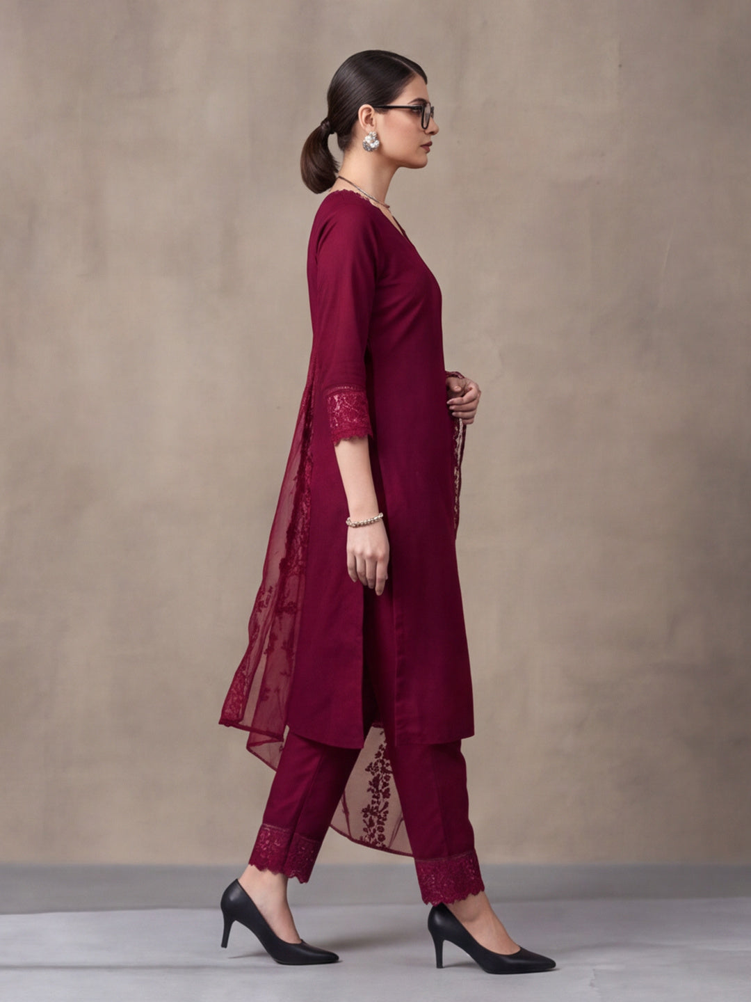 Women's Maroon Embroidered Kurta Set with Dupatta | Elegant Straight Ethnic Suit