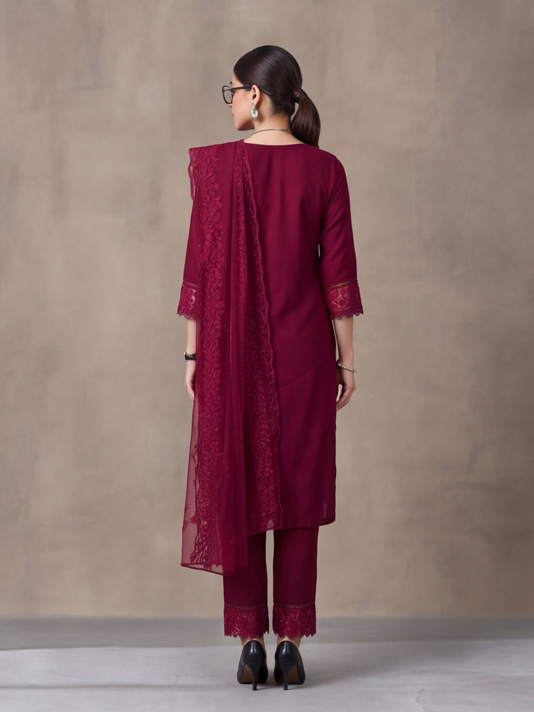 Women's Maroon Embroidered Kurta Set with Dupatta | Elegant Straight Ethnic Suit
