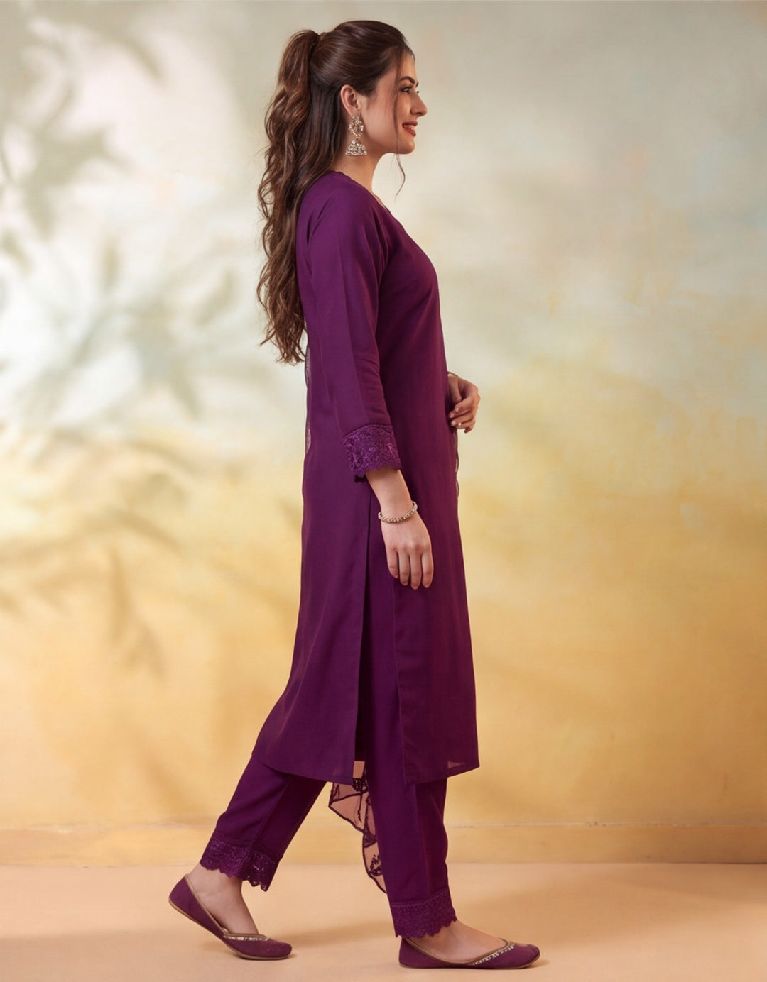 Women Embellished Wine Kurta Set with Dupatta