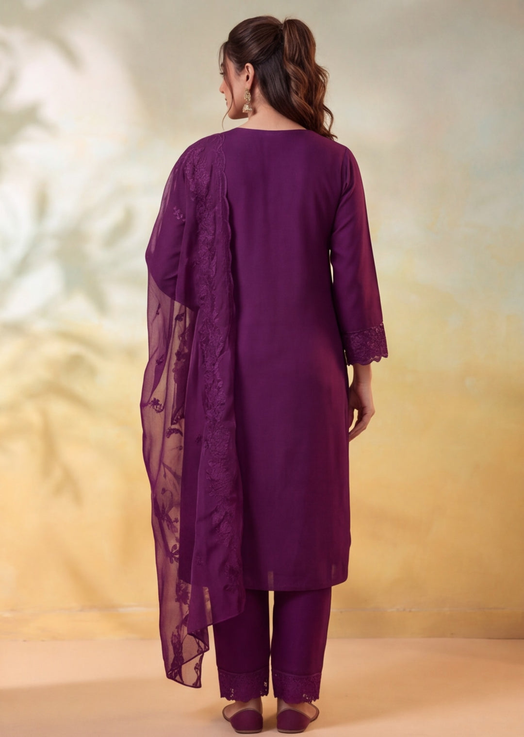 Women Embellished Wine Kurta Set with Dupatta