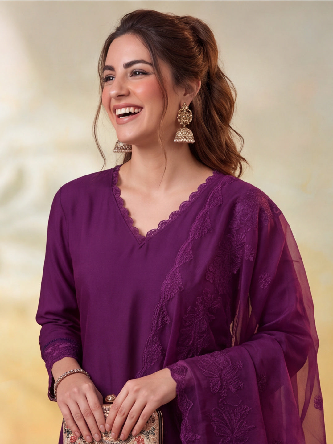 Women Embellished Wine Kurta Set with Dupatta