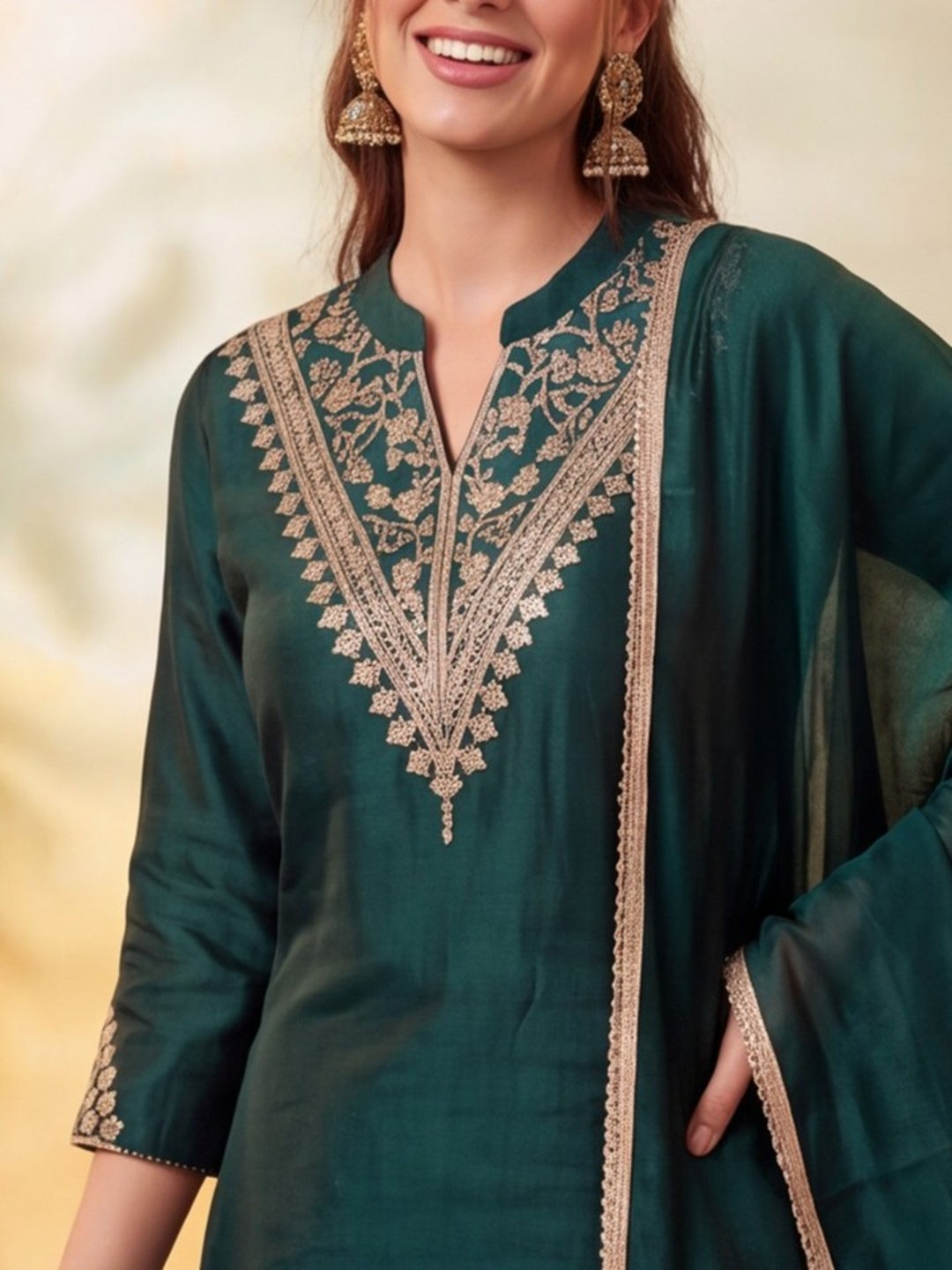 Women Embroidery Bottle Green Kurta Set with Dupatta