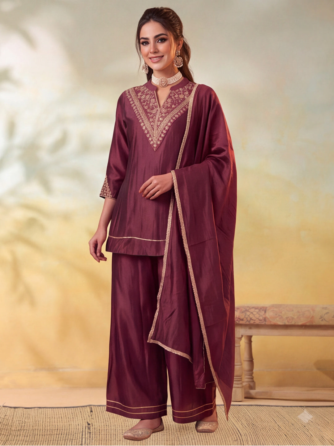 Women Embroidery Brown Kurta Set with Dupatta