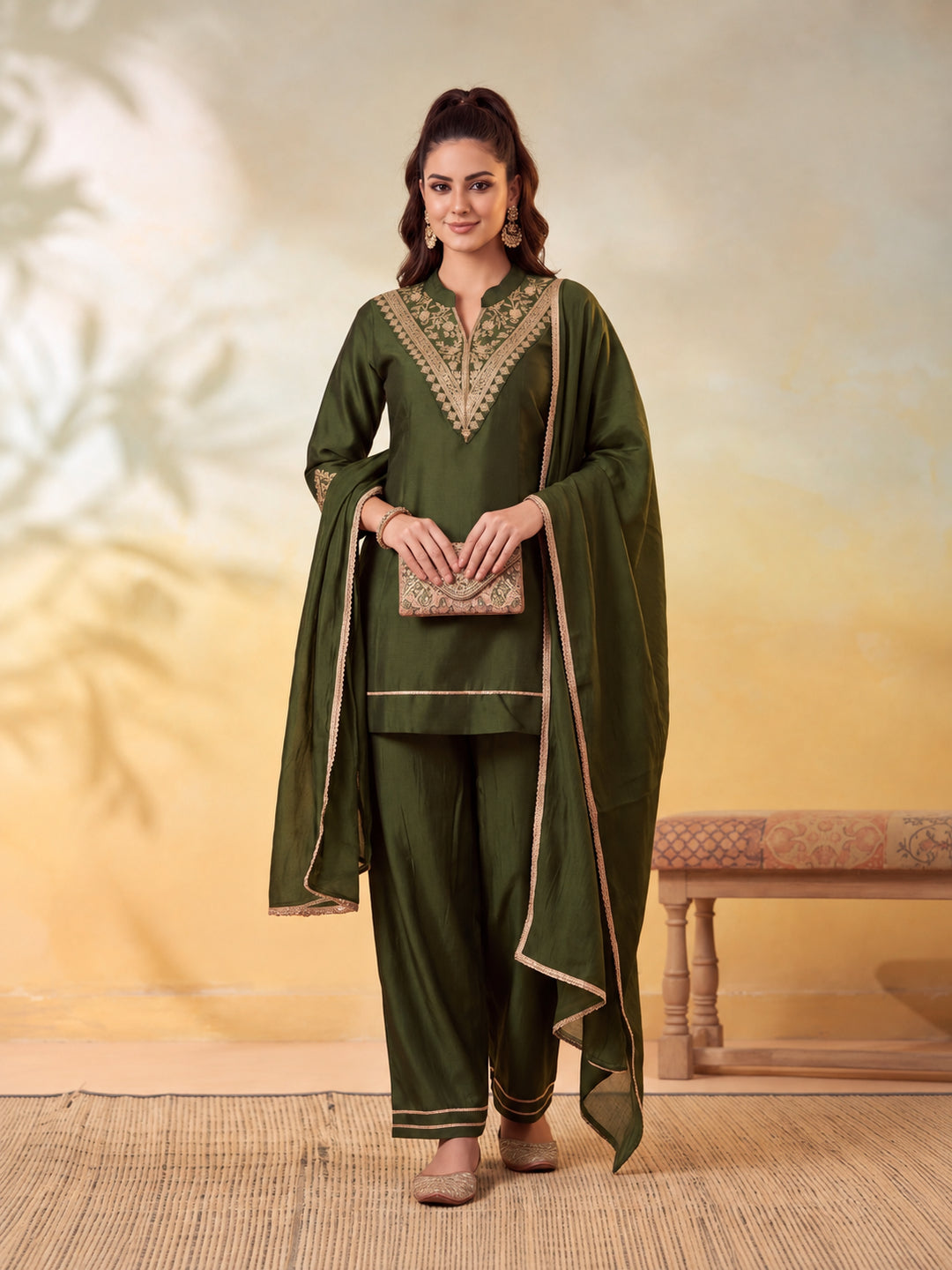 Women Embroidery Mehndi Green Kurta Set with Dupatta
