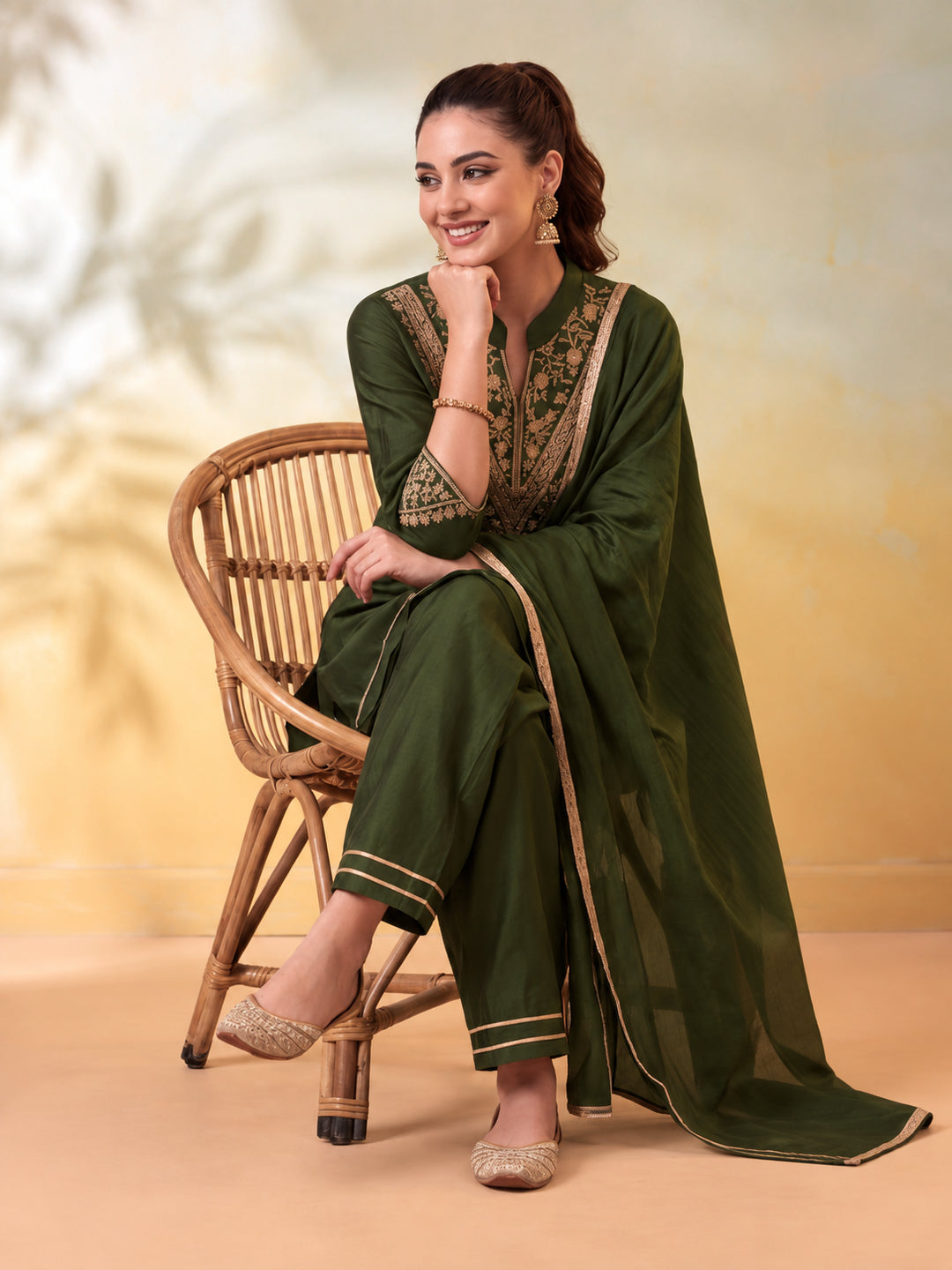 Women Embroidery Mehndi Green Kurta Set with Dupatta