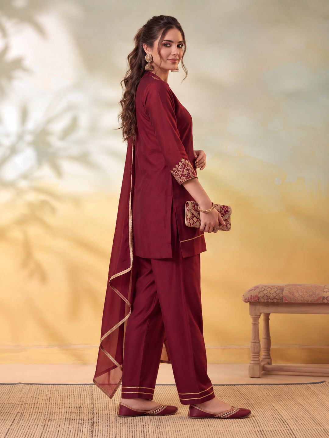 Women Embroidery Maroon Kurta Set with Dupatta