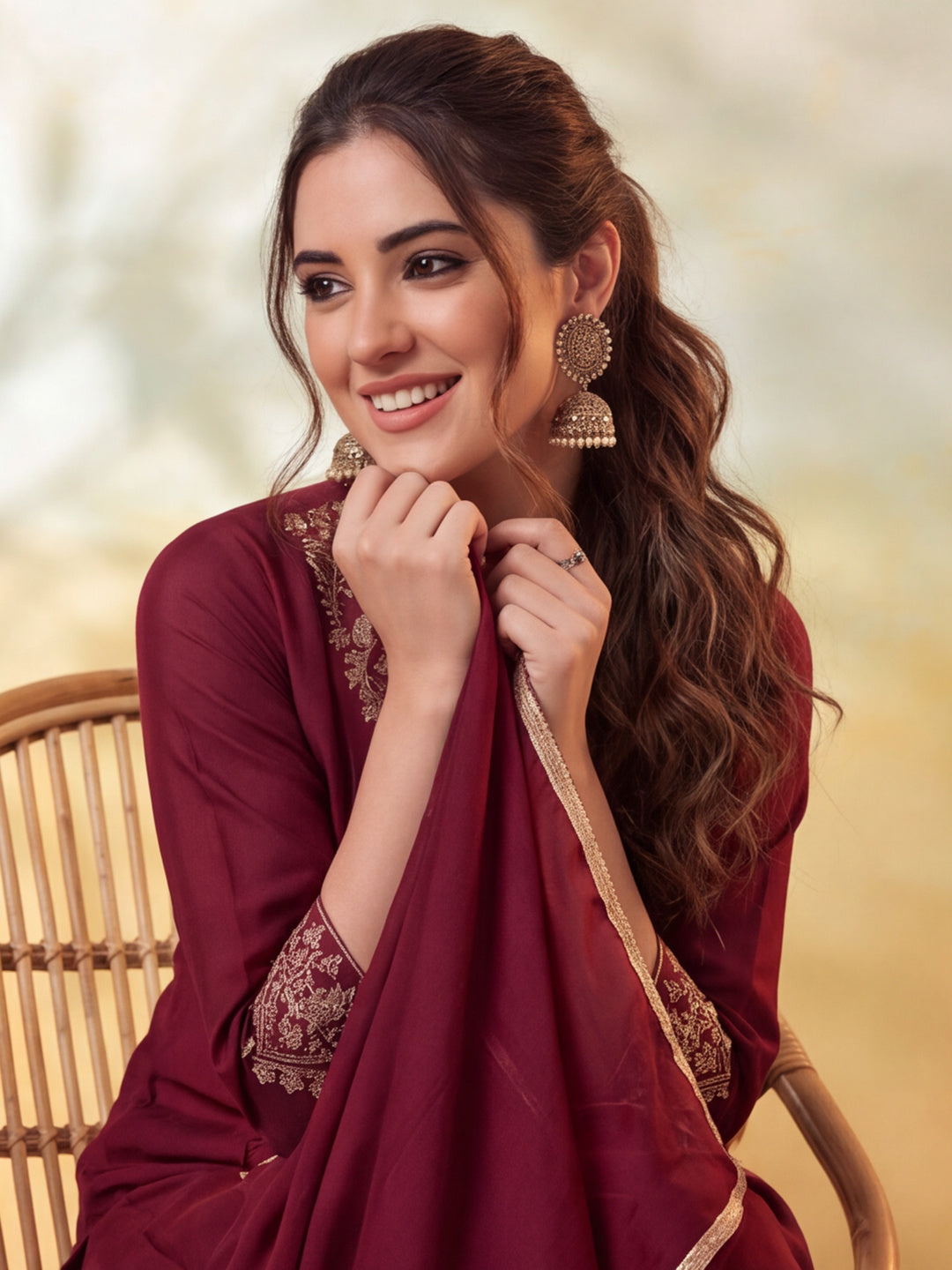 Women Embroidery Maroon Kurta Set with Dupatta