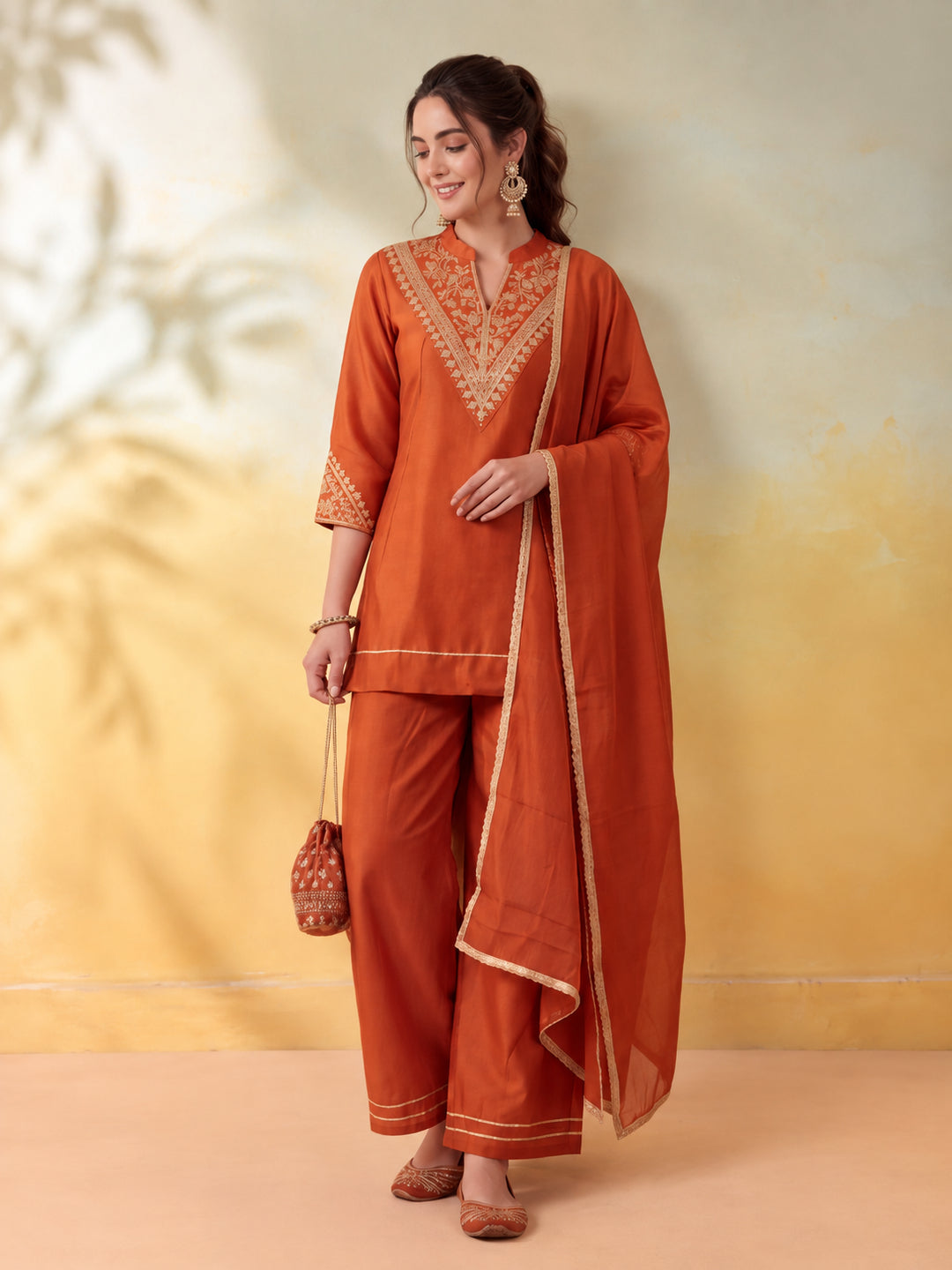 Women Embroidery Rust Kurta Set with Dupatta