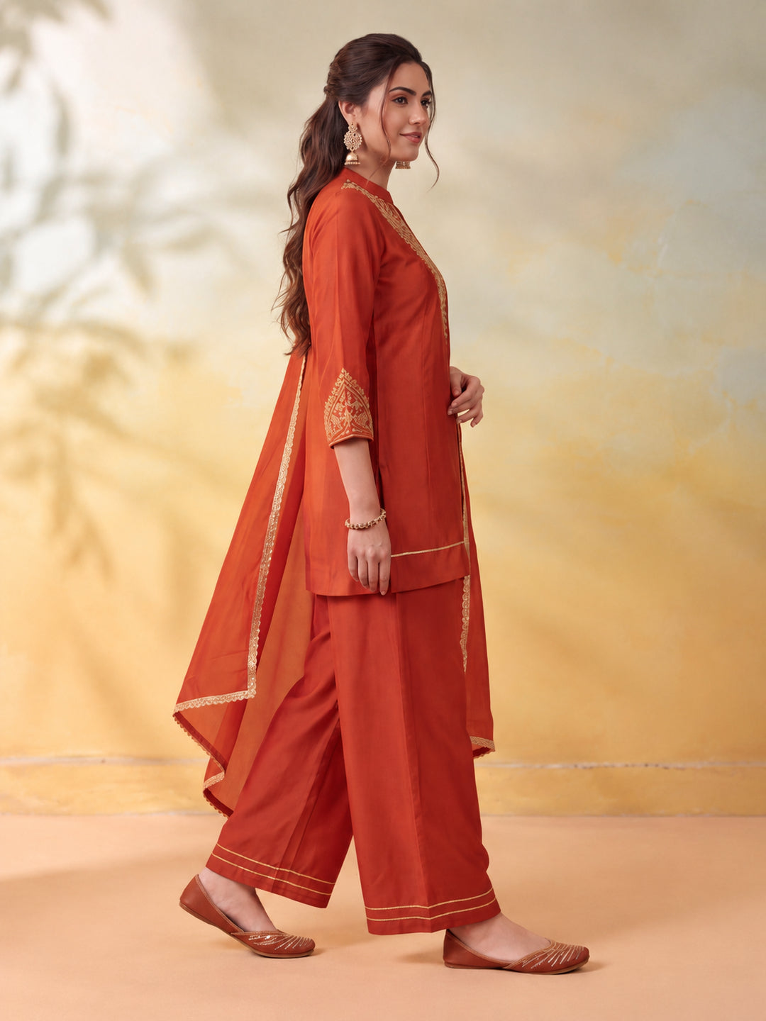Women Embroidery Rust Kurta Set with Dupatta