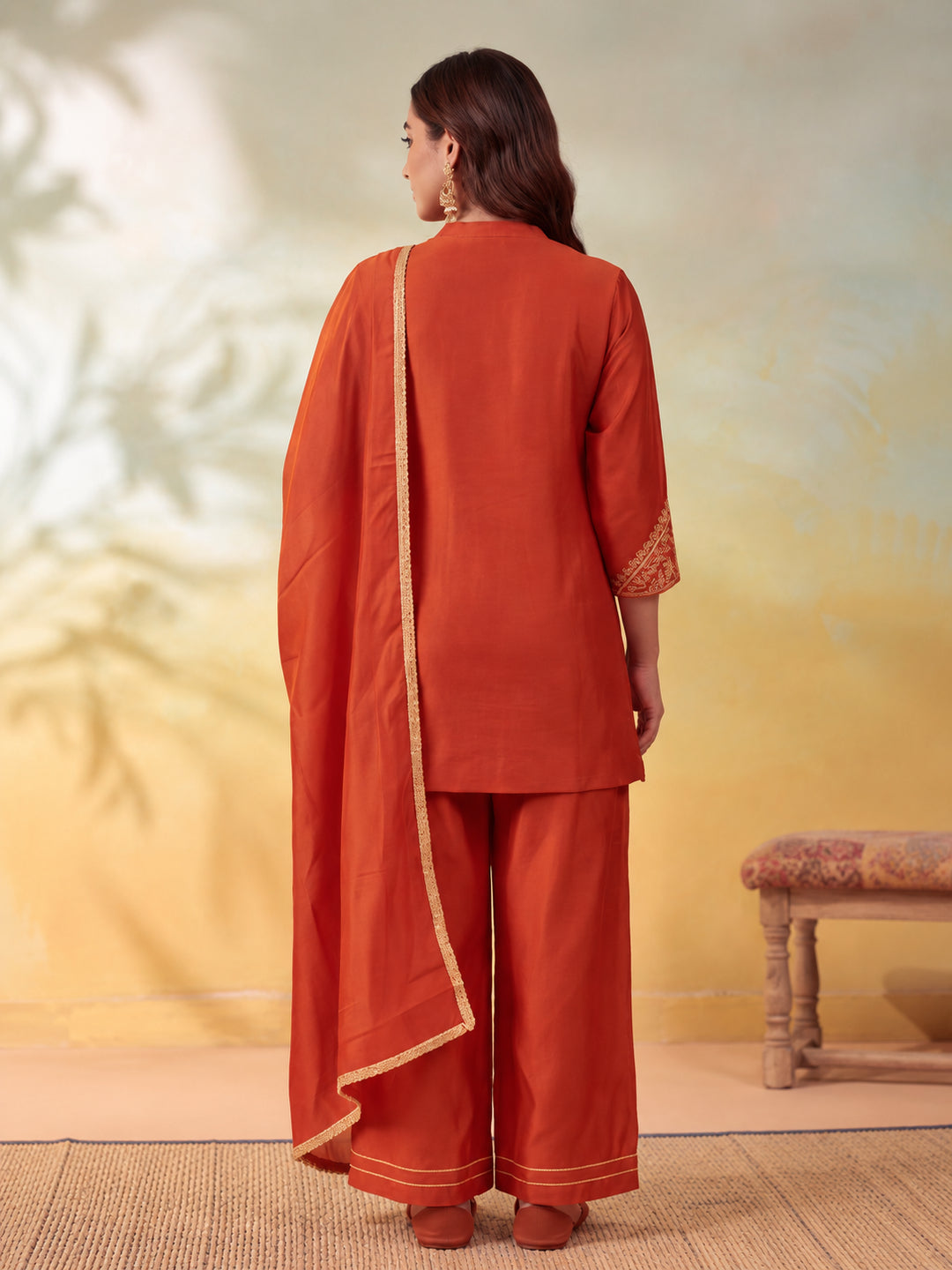 Women Embroidery Rust Kurta Set with Dupatta