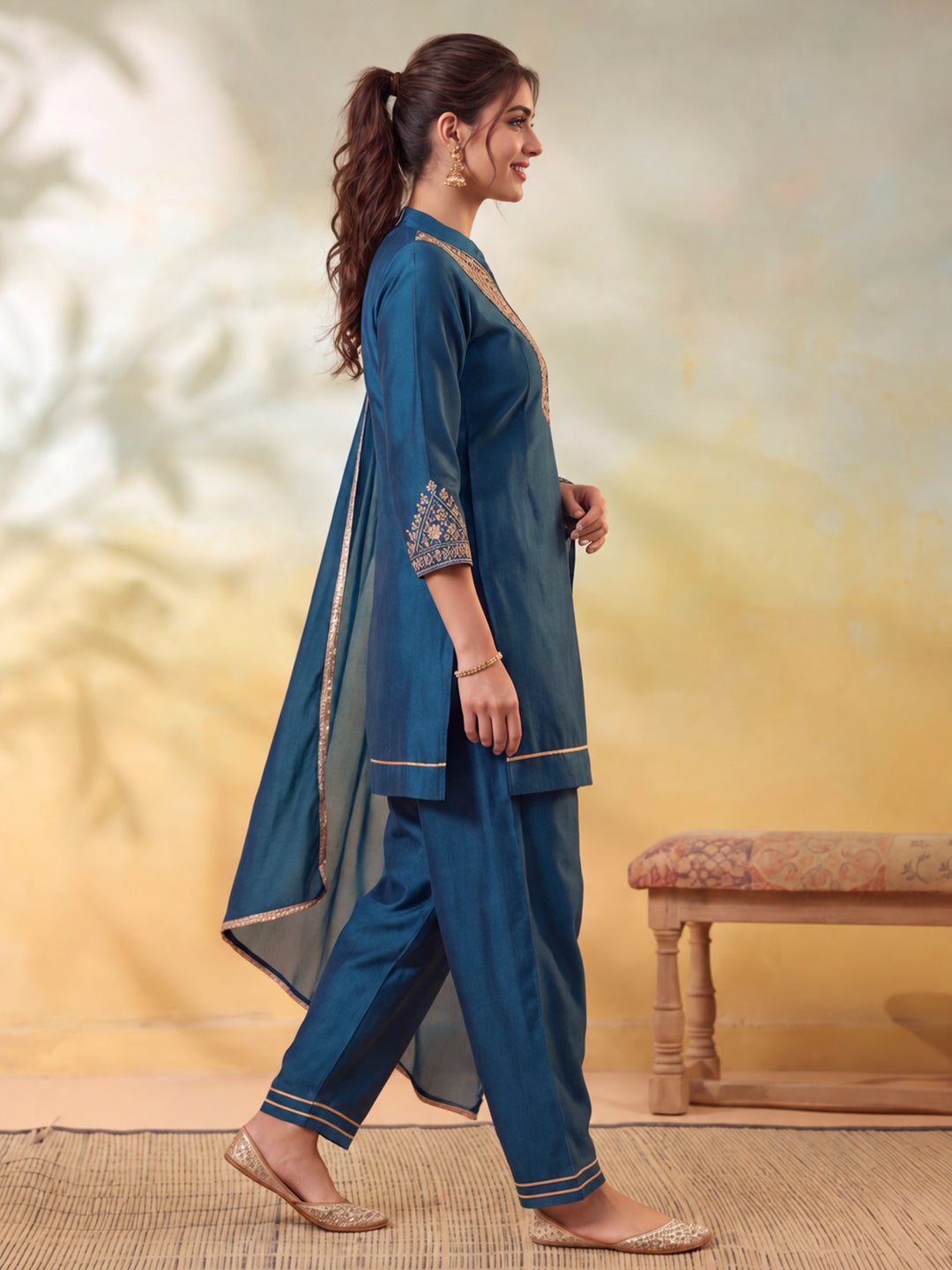 Women Embroidery Teal Kurta Set with Dupatta