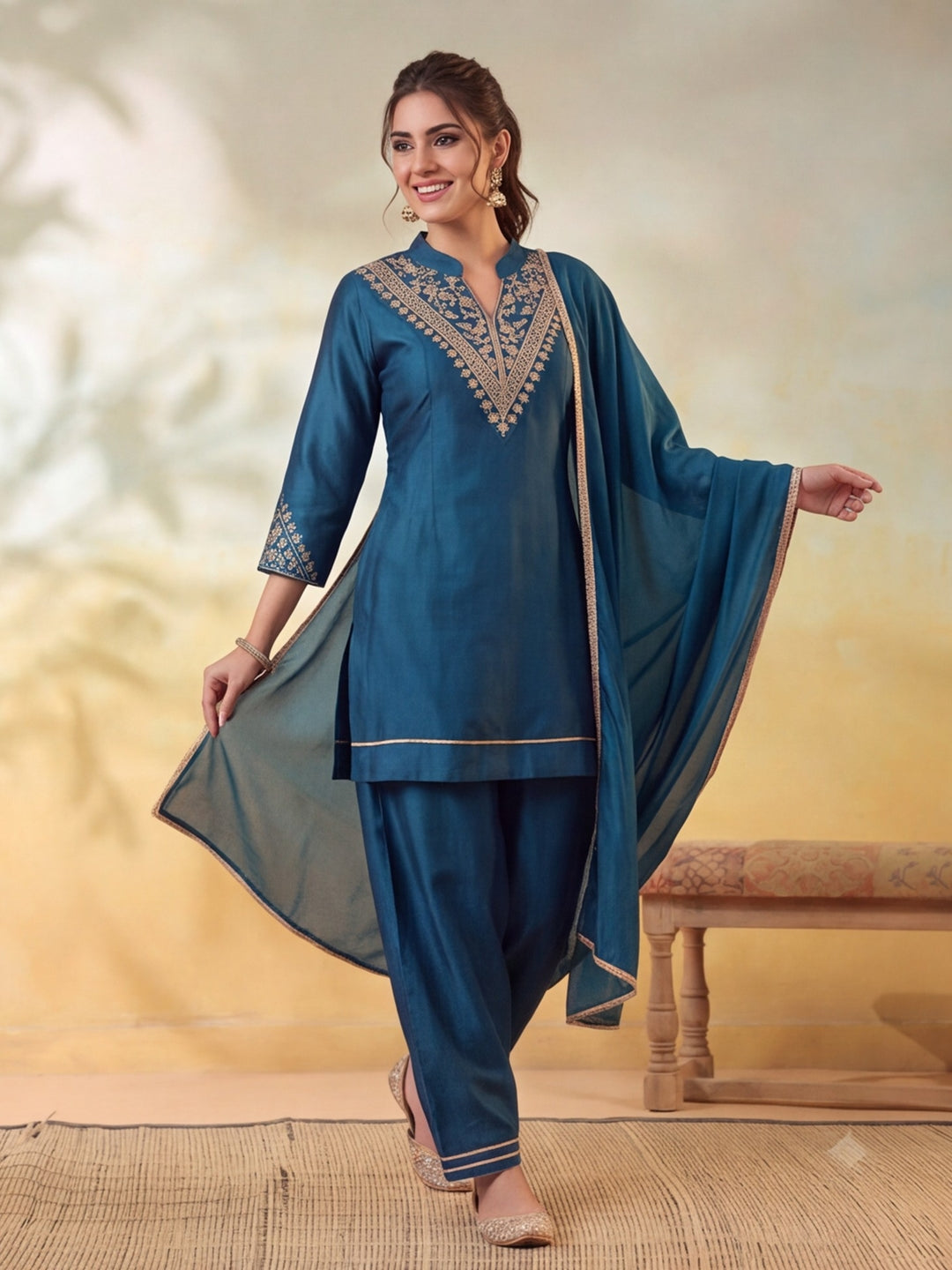 Women Embroidery Teal Kurta Set with Dupatta