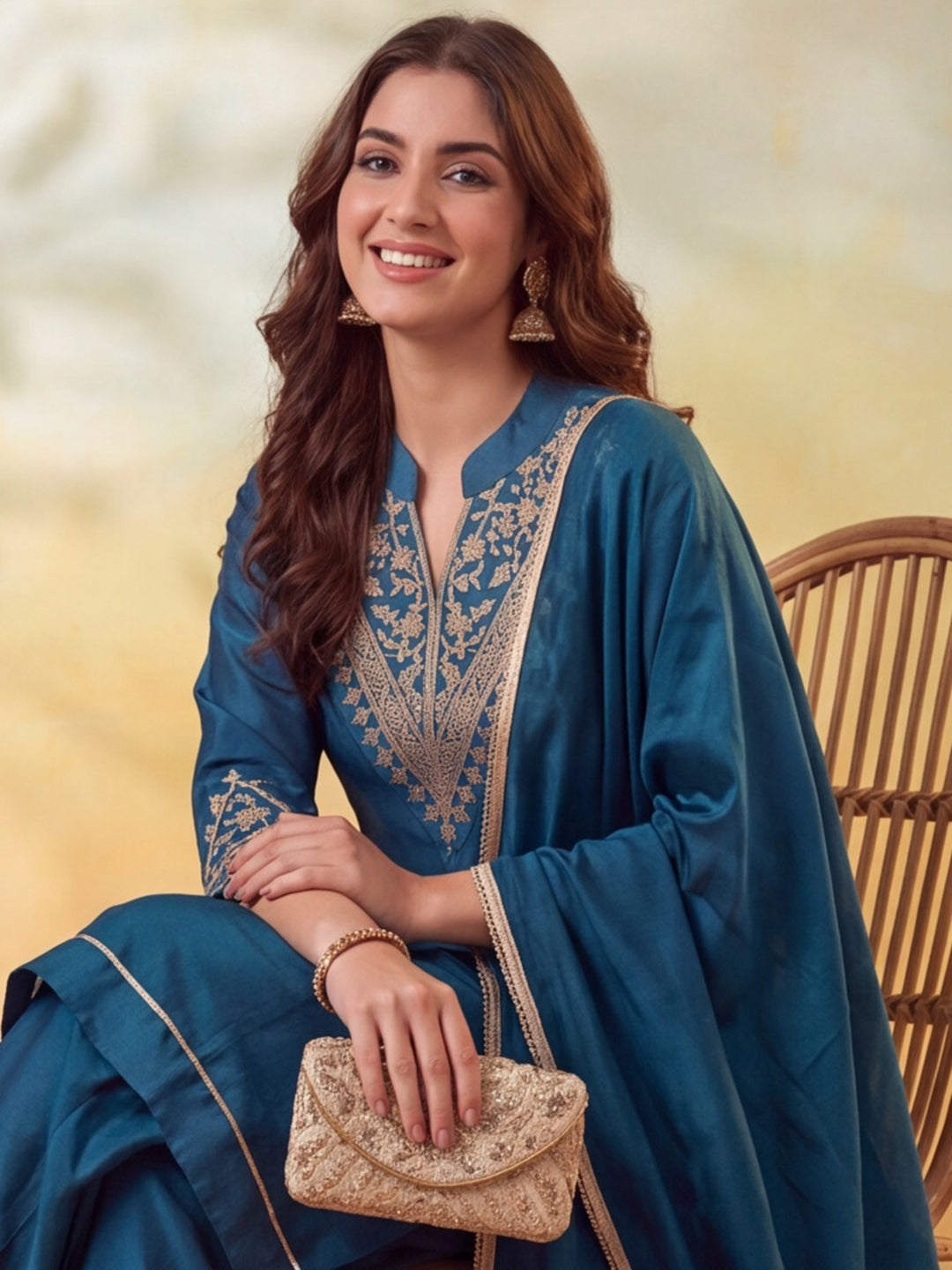 Women Embroidery Teal Kurta Set with Dupatta