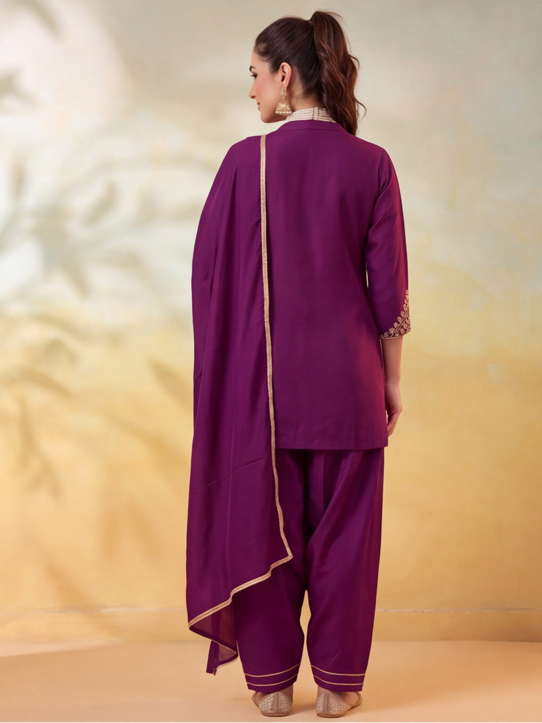 Women Embroidery Wine Kurta Set with Dupatta