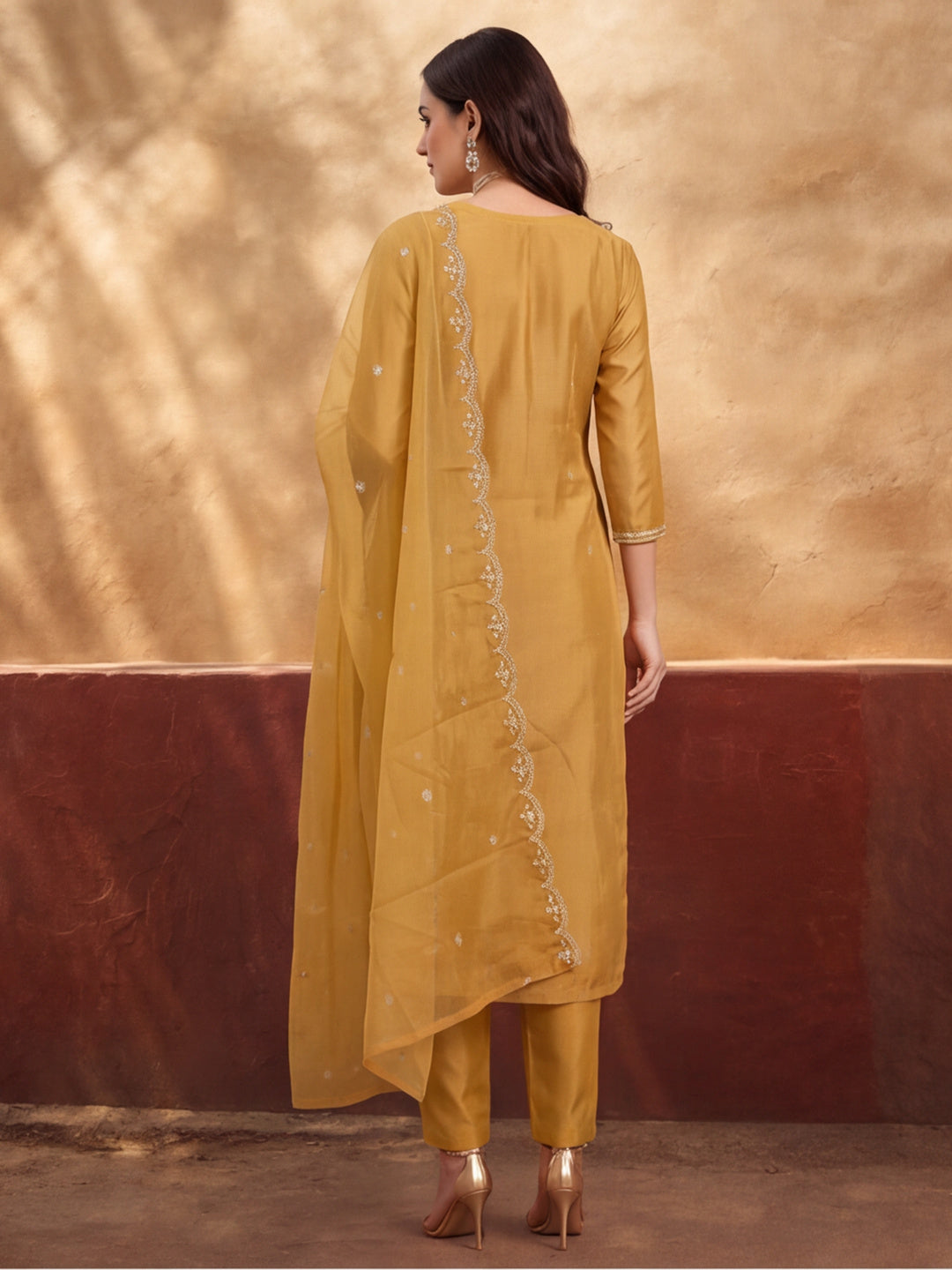 Women's Mustard Embroidered Kurta Set with Dupatta | Festive Straight Ethnic Party Wear Suit