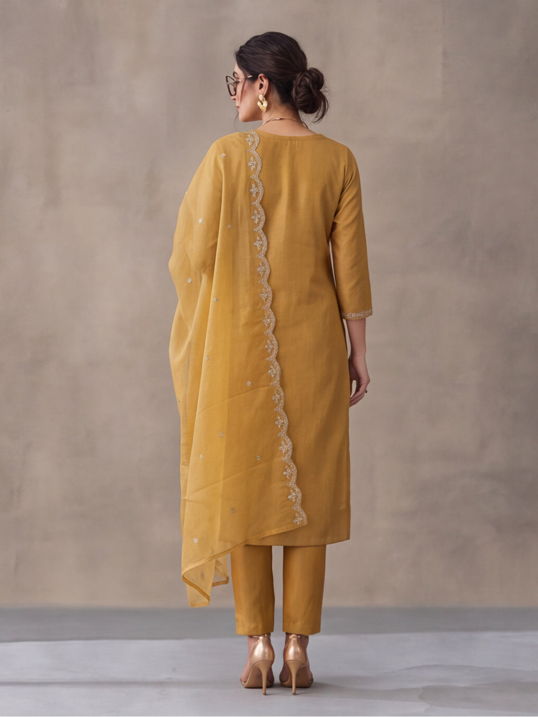 Women's Mustard Embroidered Kurta Set with Dupatta | Festive Straight Ethnic Party Wear Suit