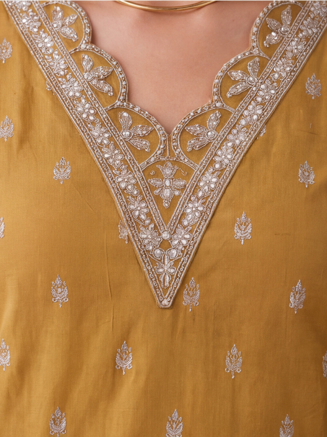 Women's Mustard Embroidered Kurta Set with Dupatta | Festive Straight Ethnic Party Wear Suit