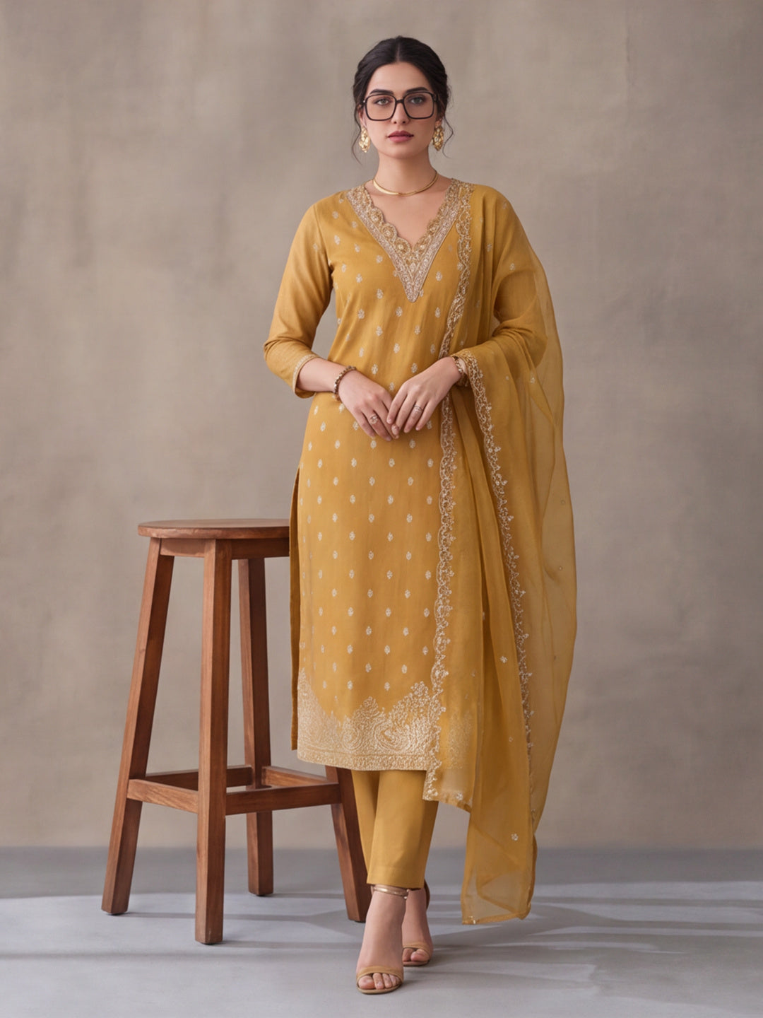 Women's Mustard Embroidered Kurta Set with Dupatta | Festive Straight Ethnic Party Wear Suit