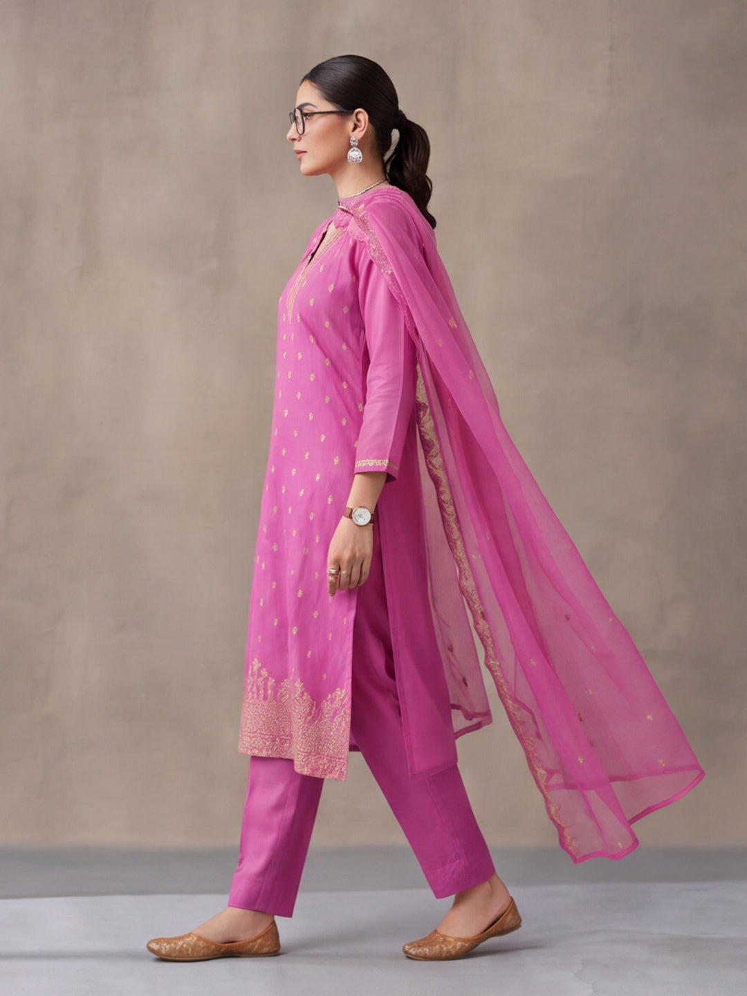 Women's Pink Embroidered Kurta Set with Dupatta | Festive Straight Ethnic Party Wear Suit
