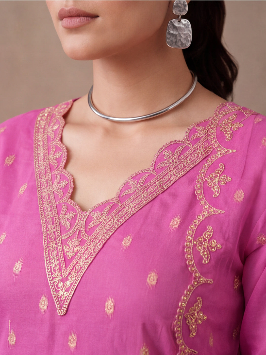 Women's Pink Embroidered Kurta Set with Dupatta | Festive Straight Ethnic Party Wear Suit