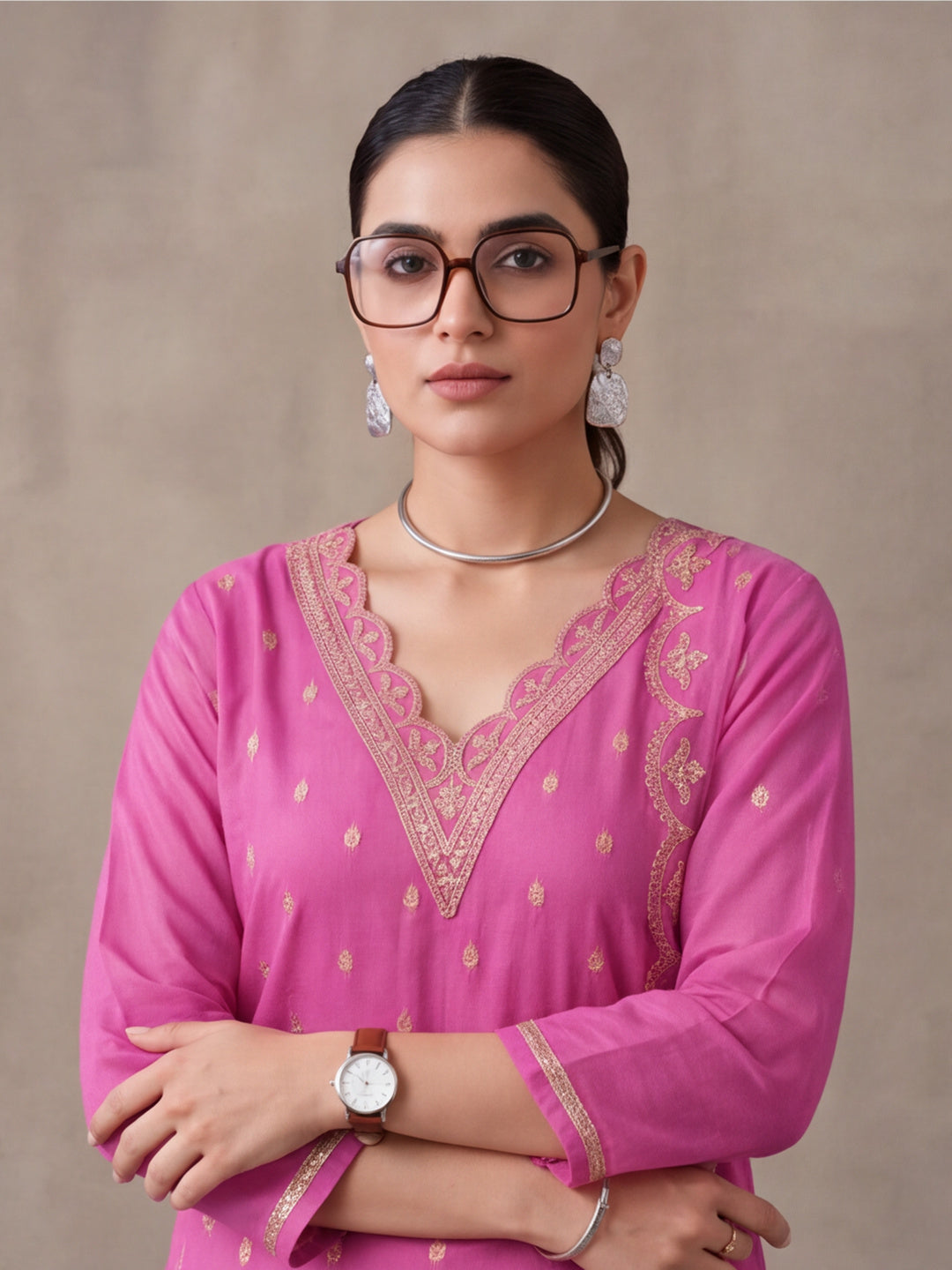 Women's Pink Embroidered Kurta Set with Dupatta | Festive Straight Ethnic Party Wear Suit
