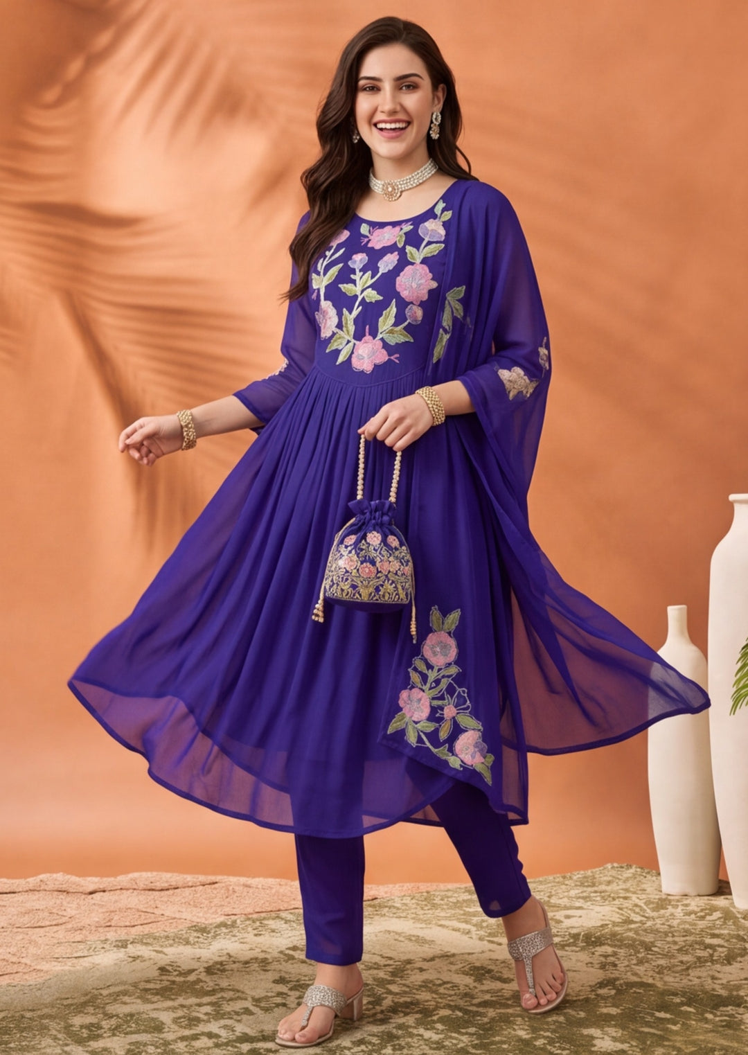 Women's Royal Blue Floral Embroidered Anarkali Kurta Set with Dupatta | Festive Ethnic Suit