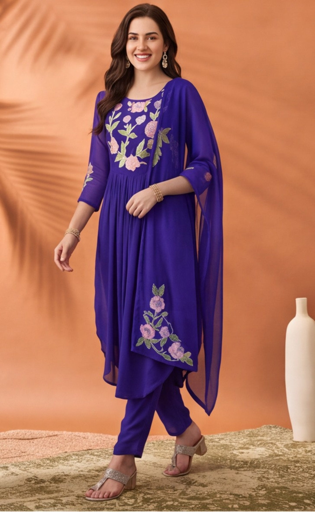 Women's Royal Blue Floral Embroidered Anarkali Kurta Set with Dupatta | Festive Ethnic Suit