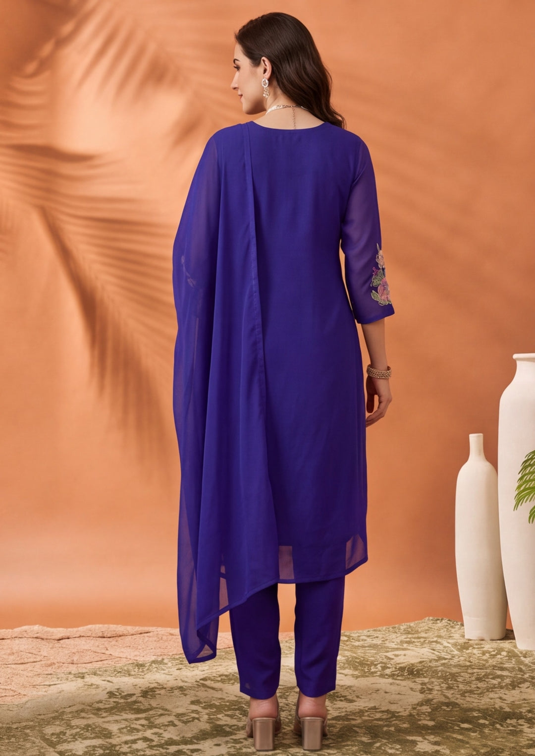 Women's Royal Blue Floral Embroidered Anarkali Kurta Set with Dupatta | Festive Ethnic Suit